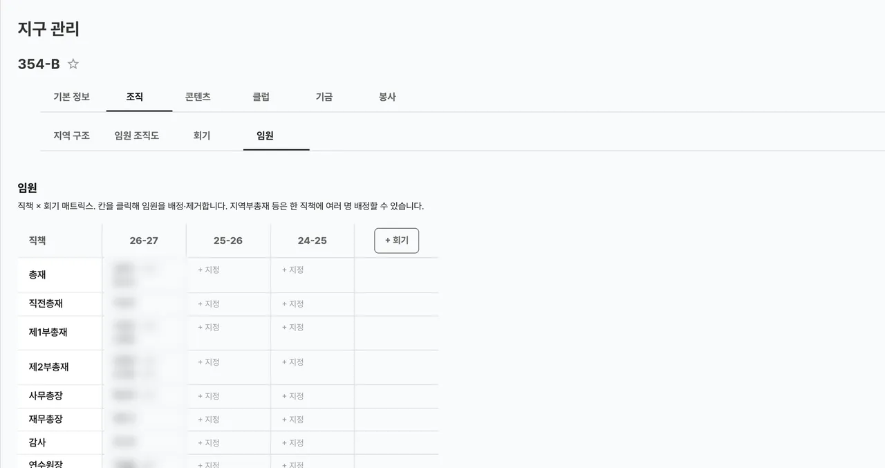 지구 임원 명단 관리 화면